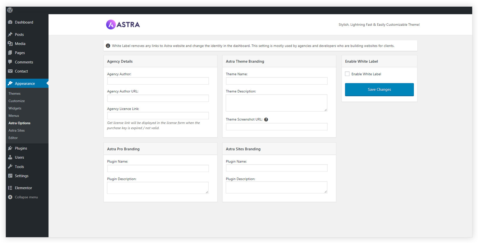 Astra white label settings