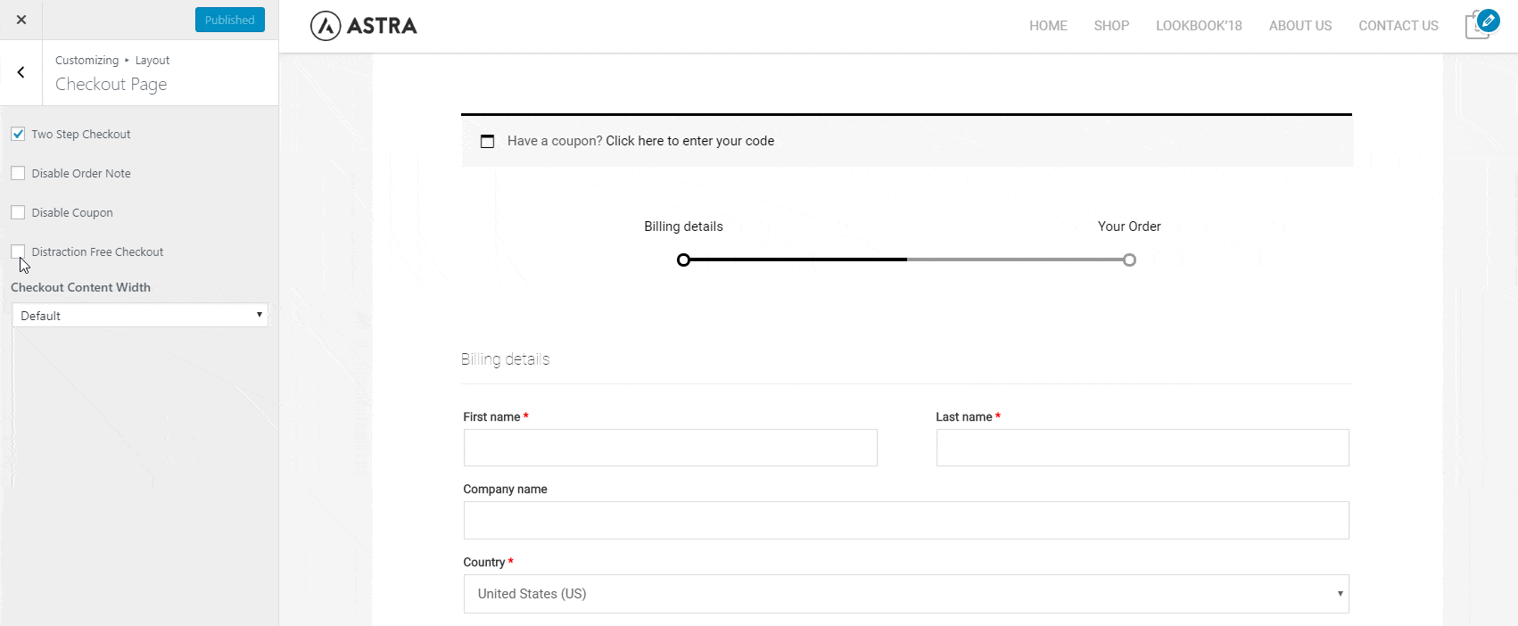 Astra Pro WooCommerce checkout settings