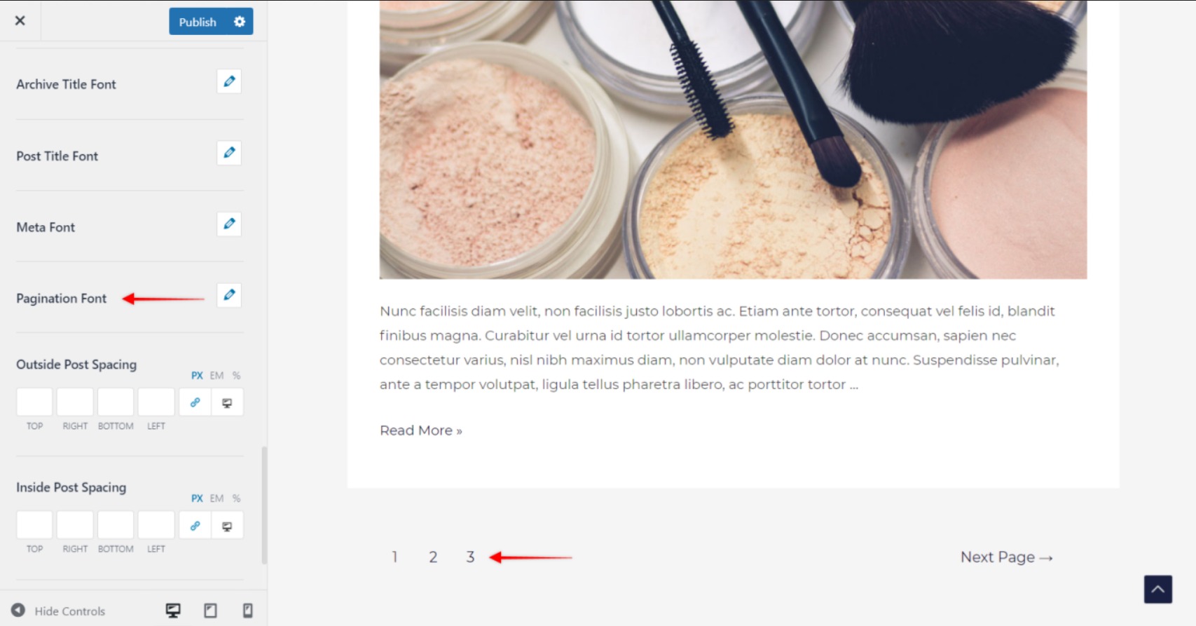 Astra pro pagination font settings