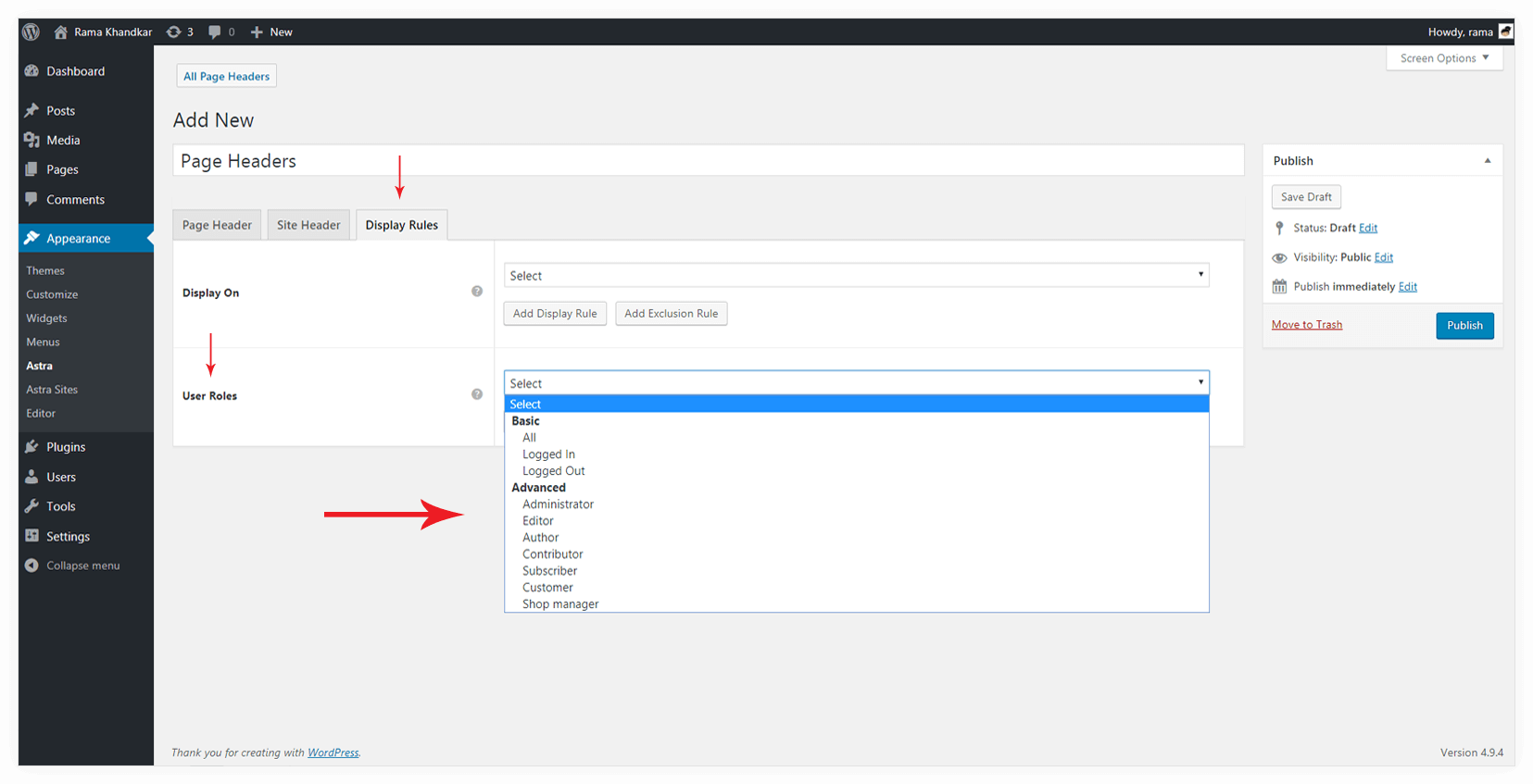 Page Headers User Role