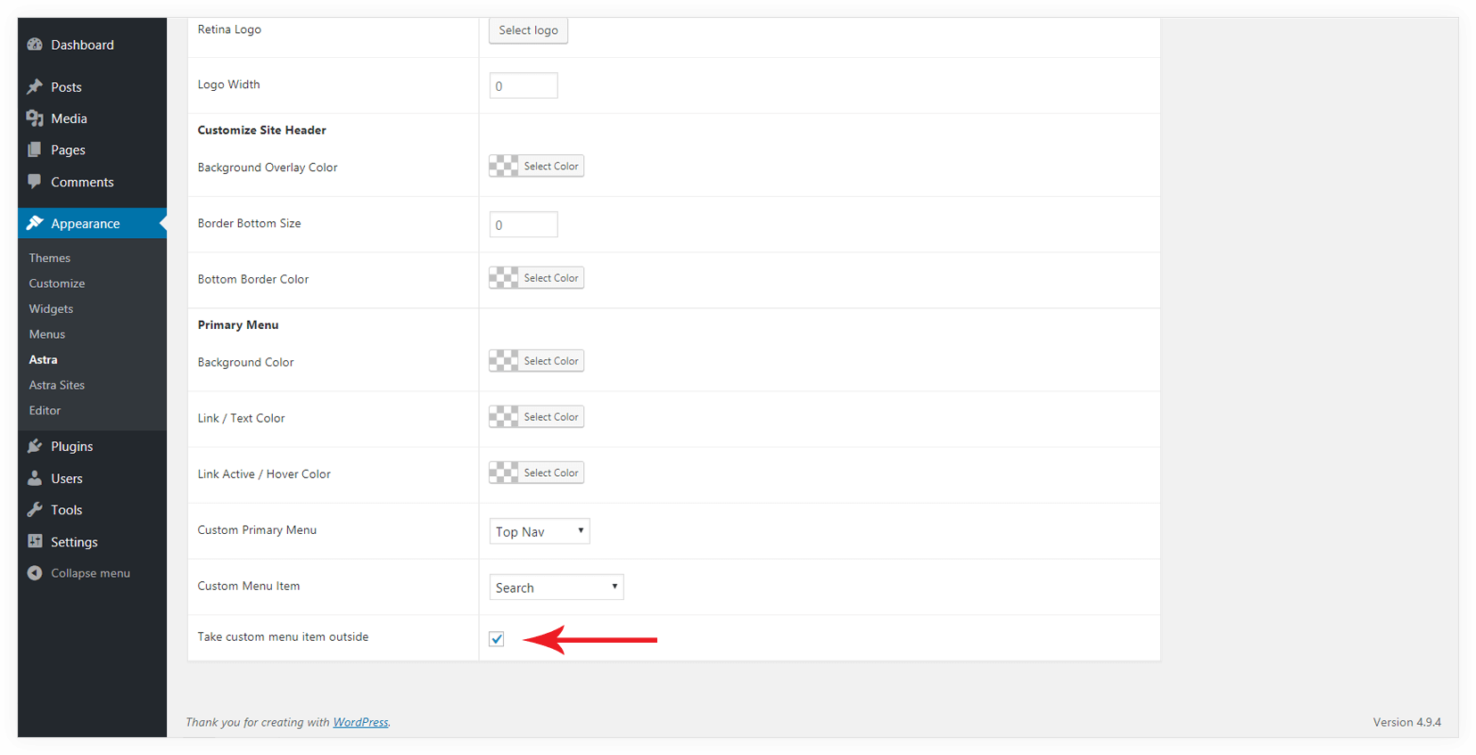 Take Custom Menu Item Outsite
