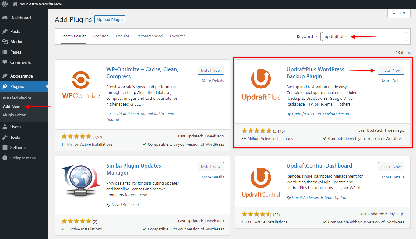 Updraft Plus Plugin Installation