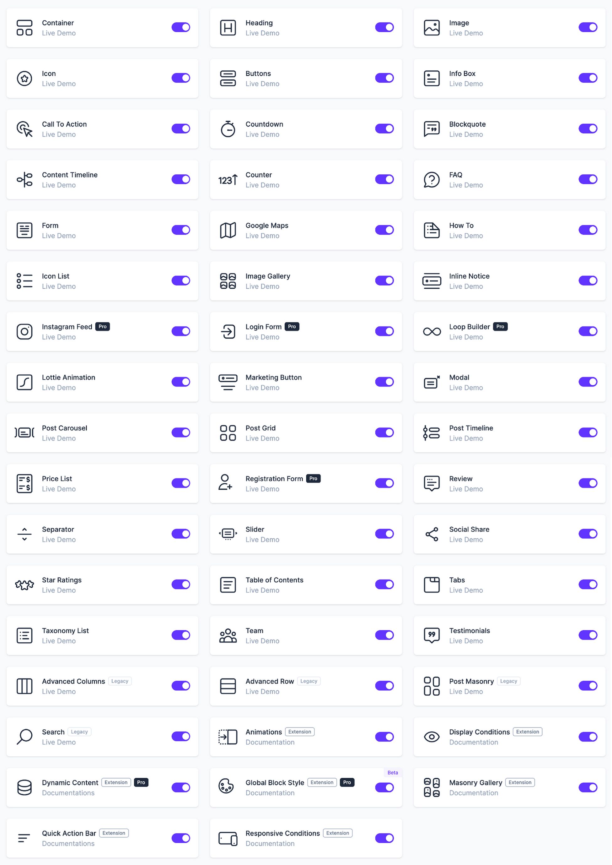list of spectra blocks