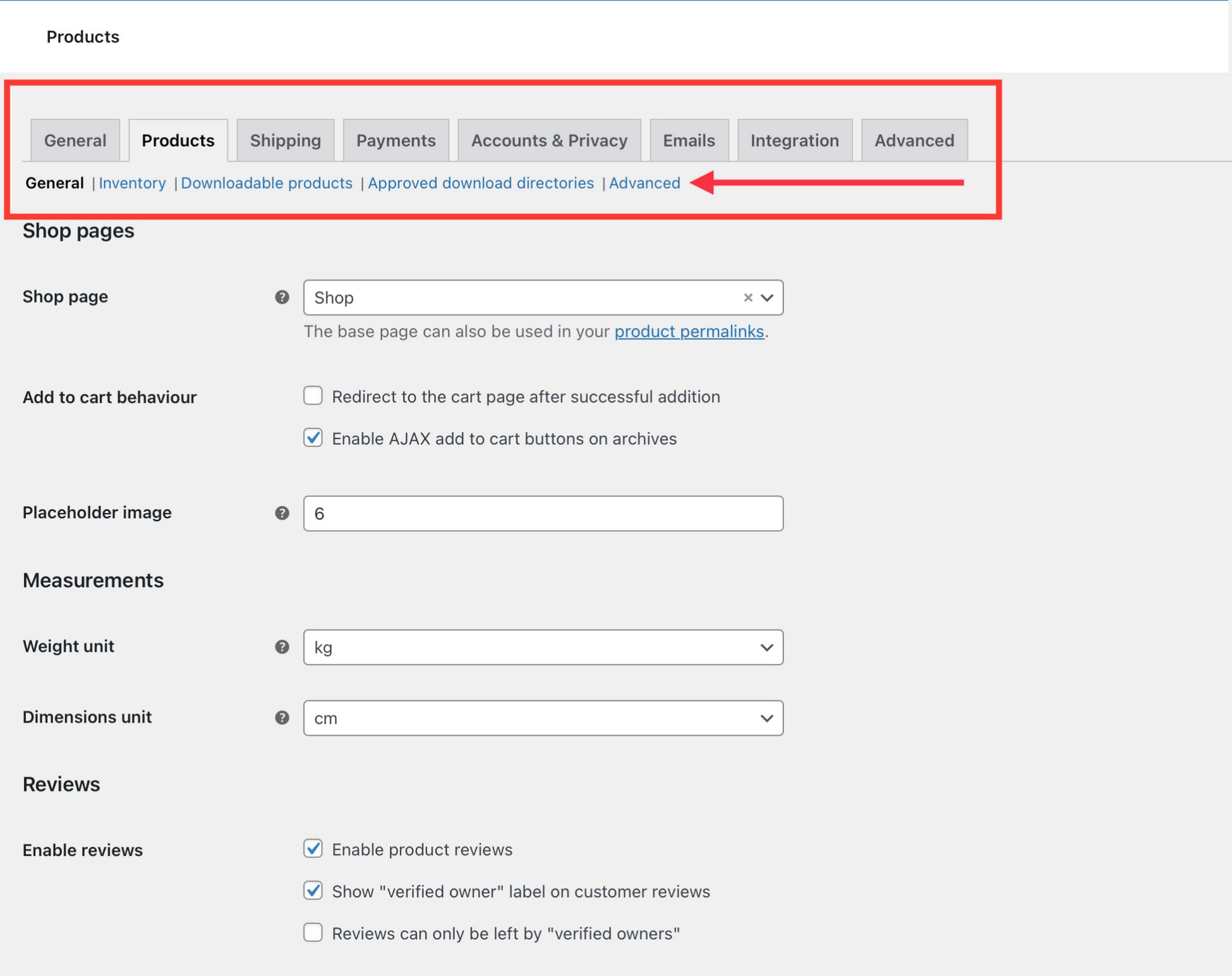 Woocommerce settings area