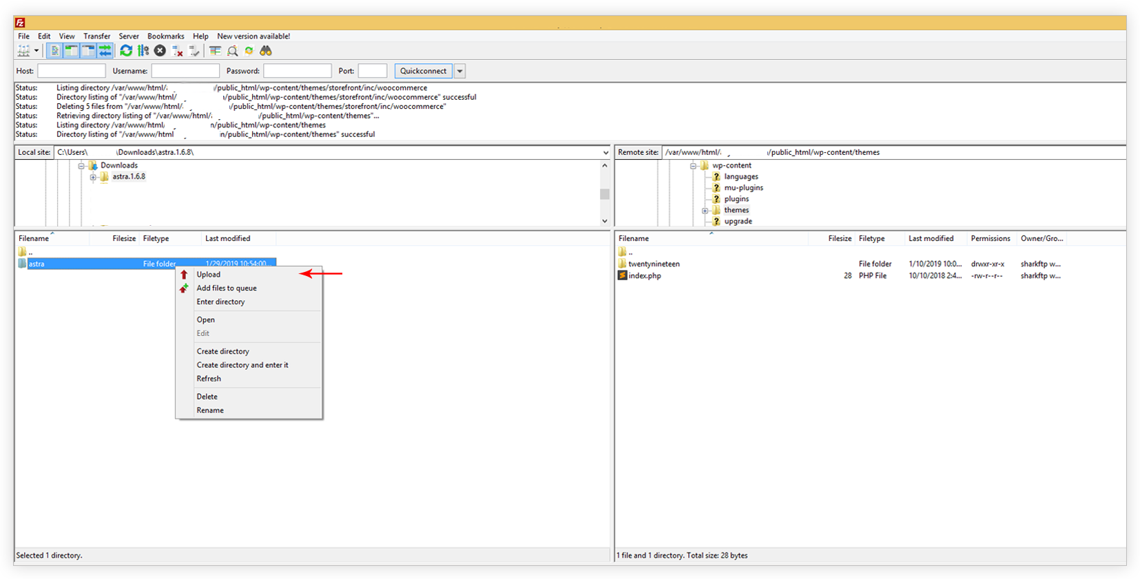 Astra Theme Upload Using FTP