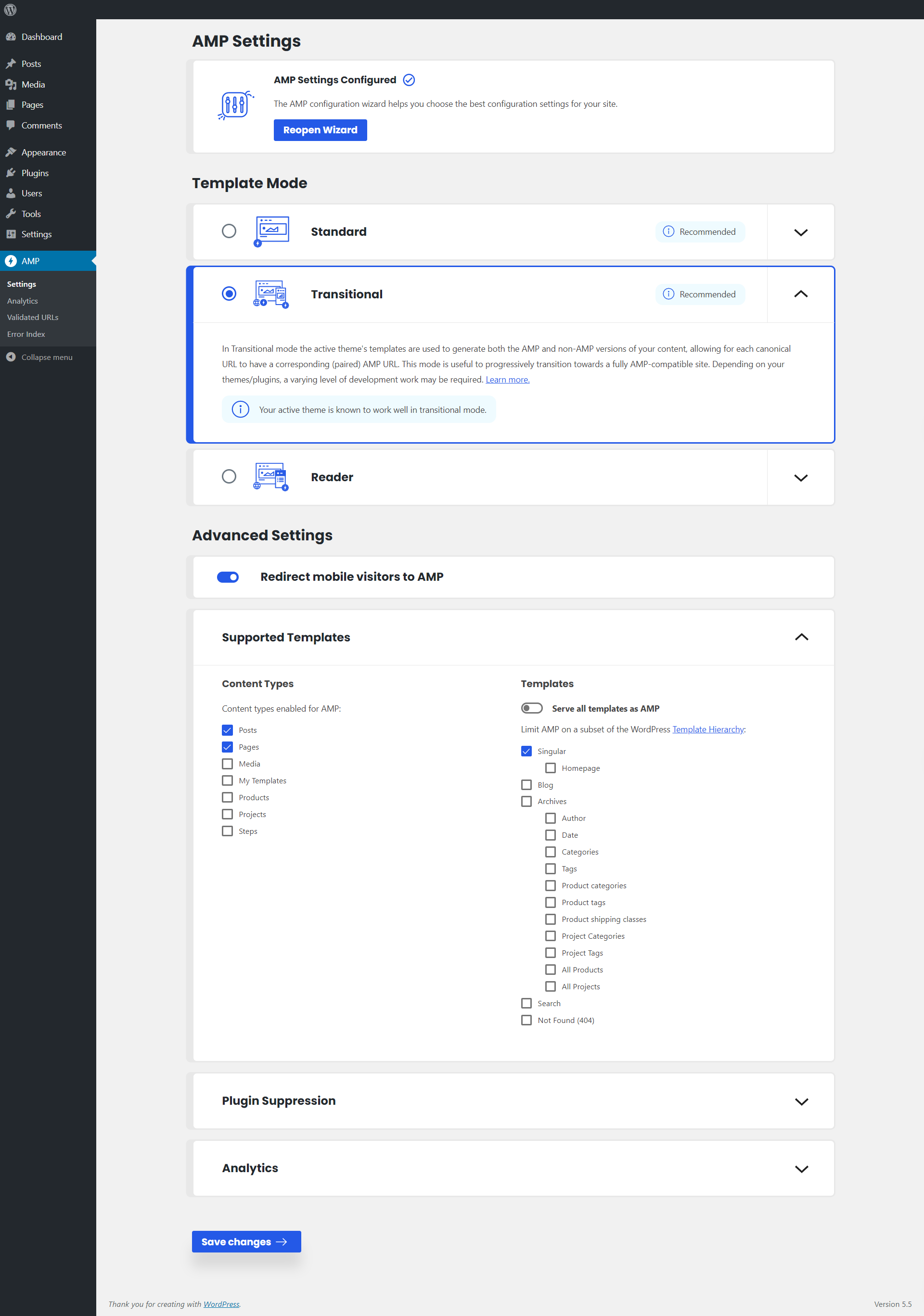 AMP Settings Page