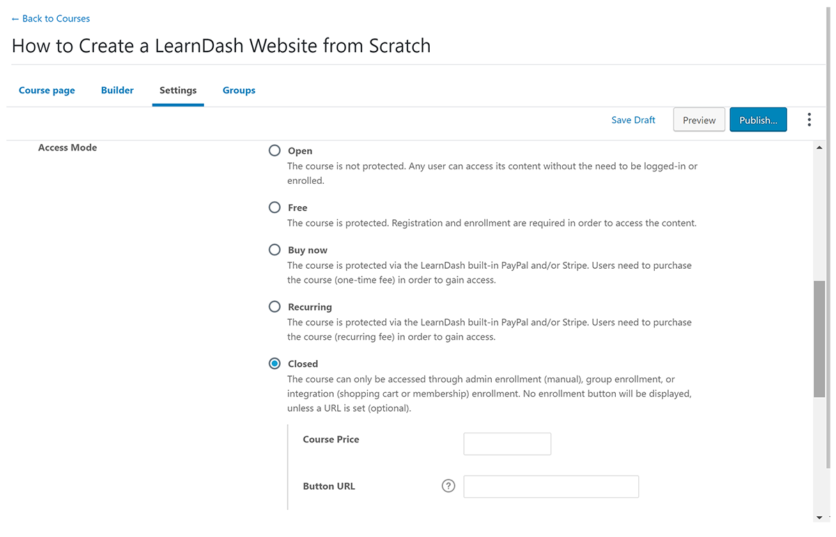 LearnDash course settings