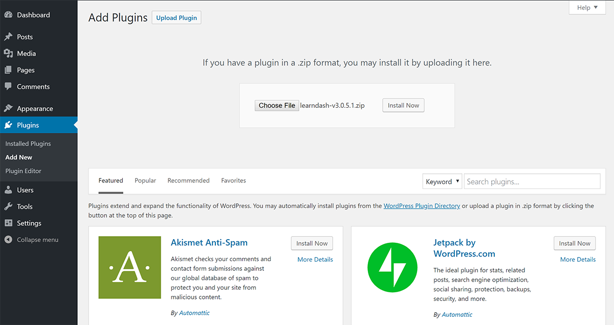 Upload and install LearnDash plugin