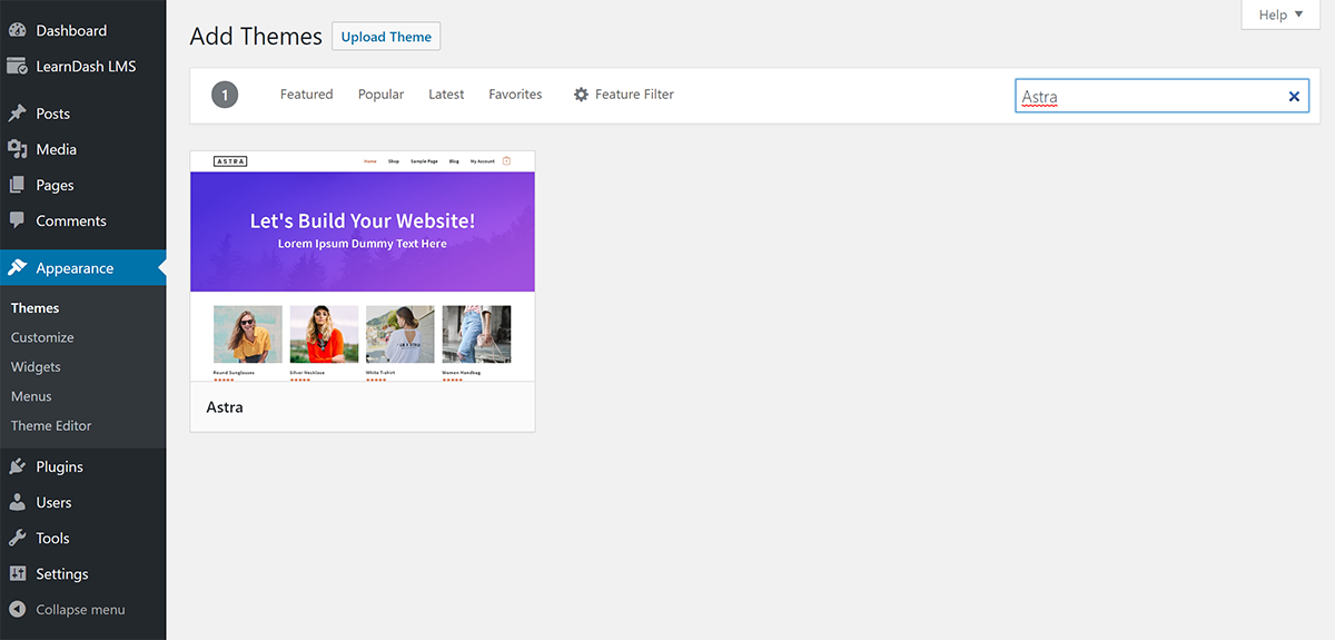 Search and Install Astra WordPress theme
