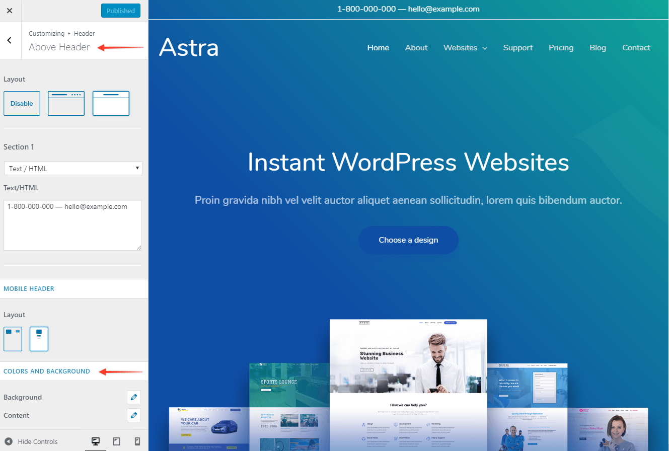 Astra Above Header Customize Colors