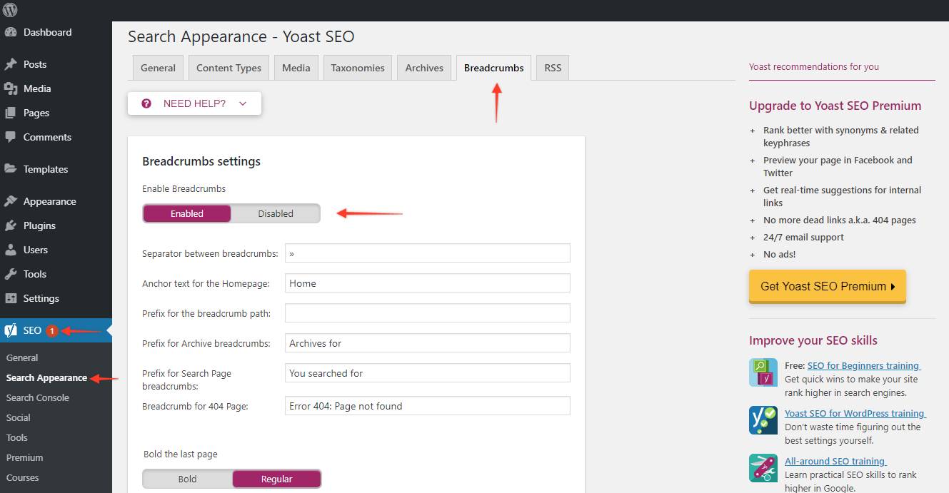Astra Enable Breadcrumb Yoast Backend