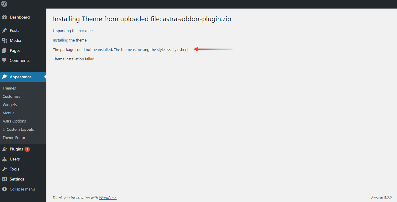 Astra Stylesheet Upload Error