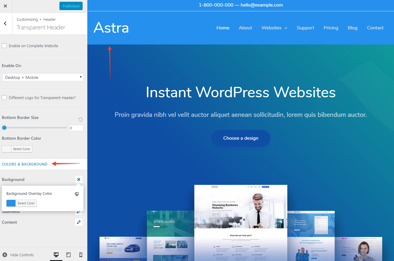 Astra Transparent Above Header Colors