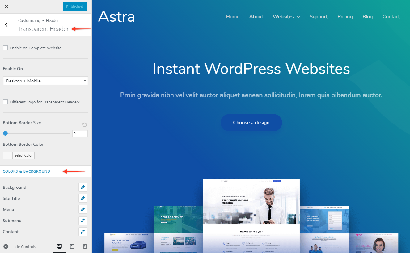 Astra Transparent Header Colors and Background