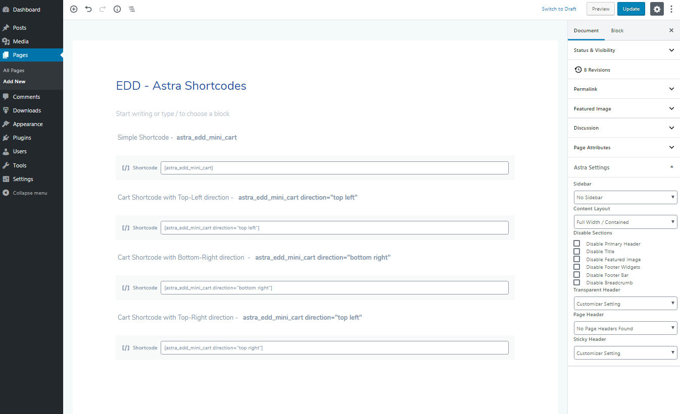 Astra EDD Shortcodes Backend