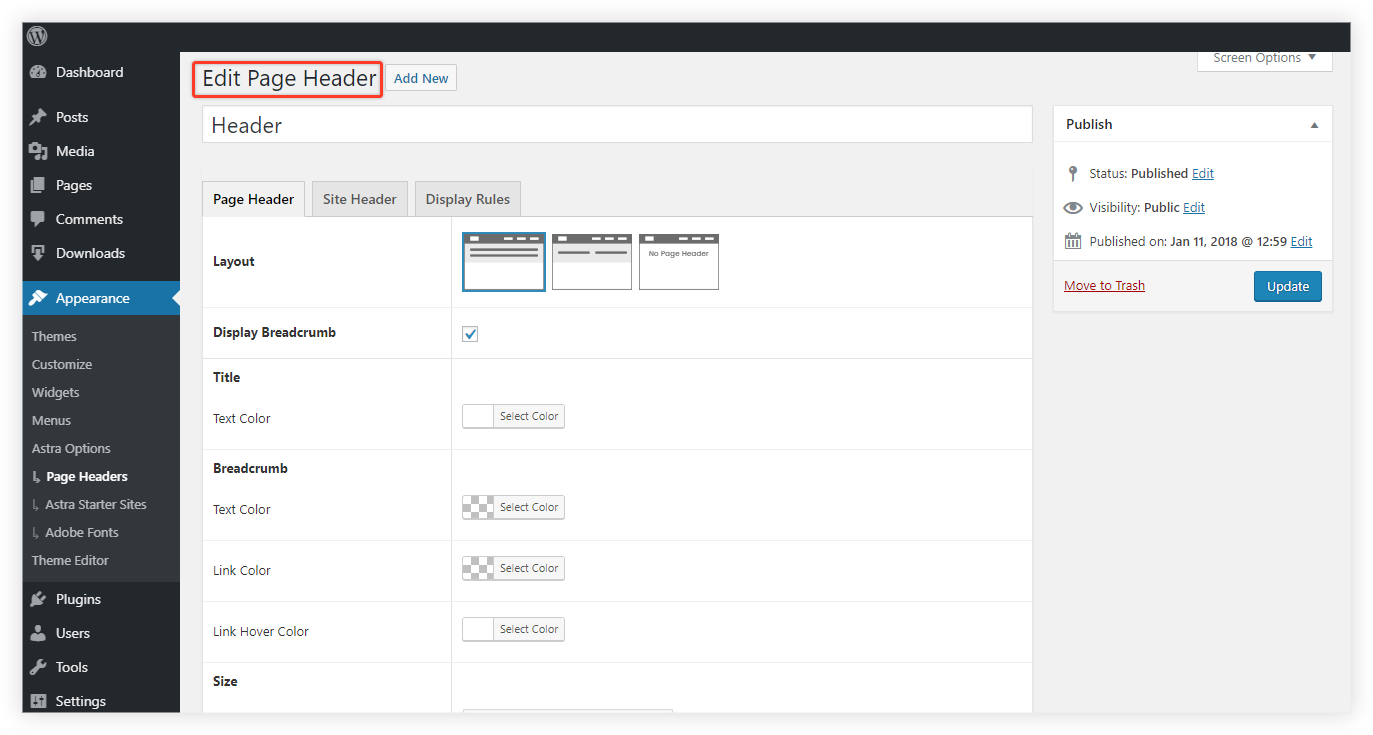 Astra page header options (old)