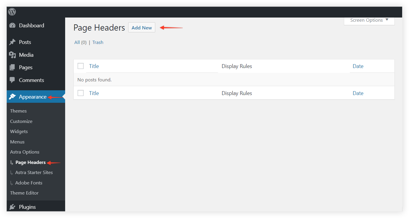 Adding new page headers in Astra