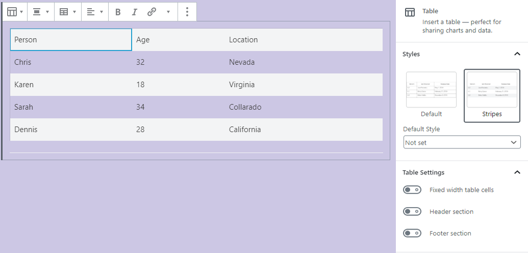 Gutenberg table block options