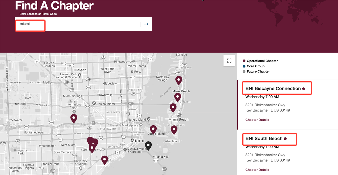 chapter search on BNI website