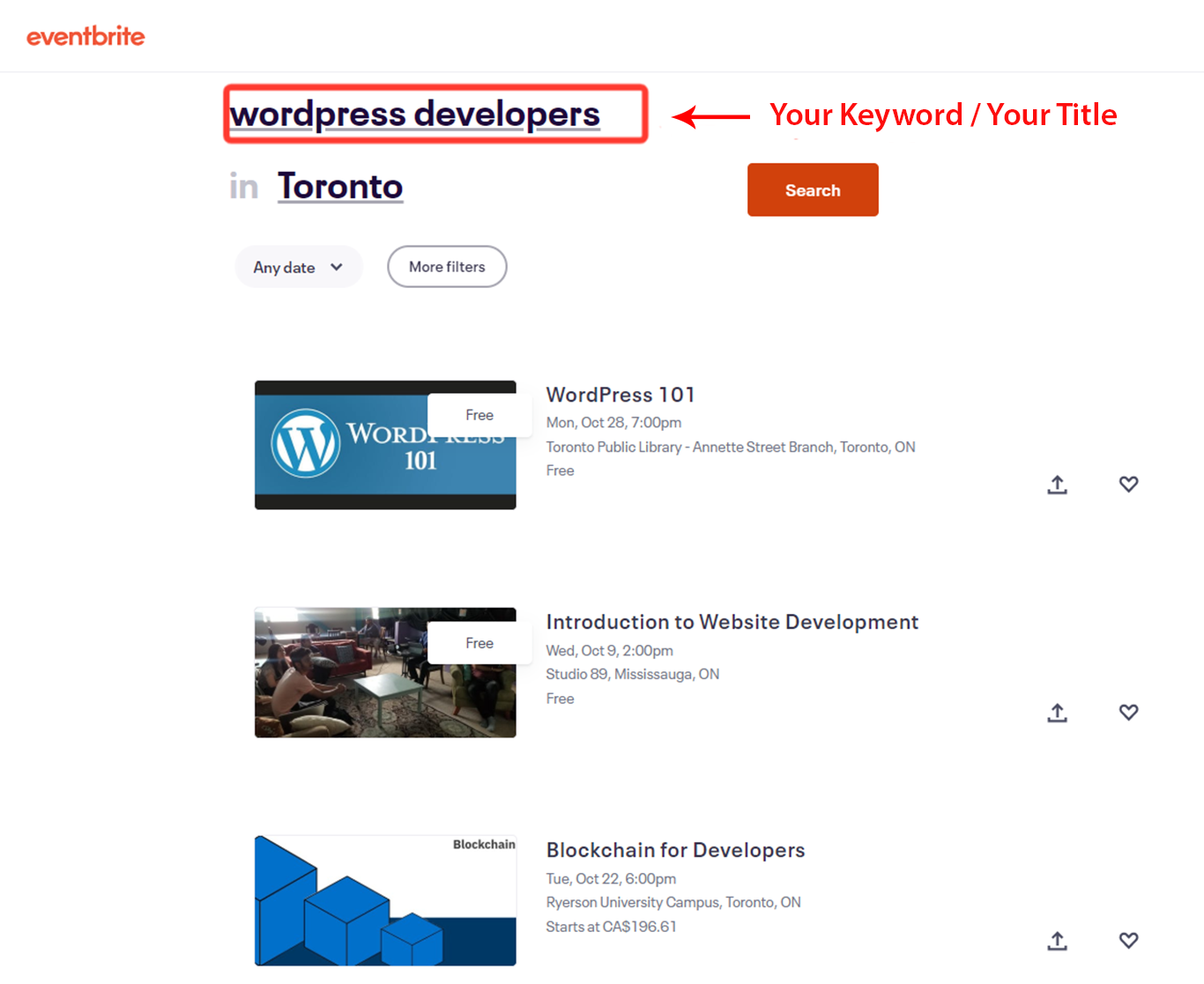 search of Keyword or title on Eventbrite