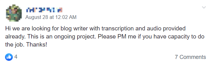 example post on Facebook groups