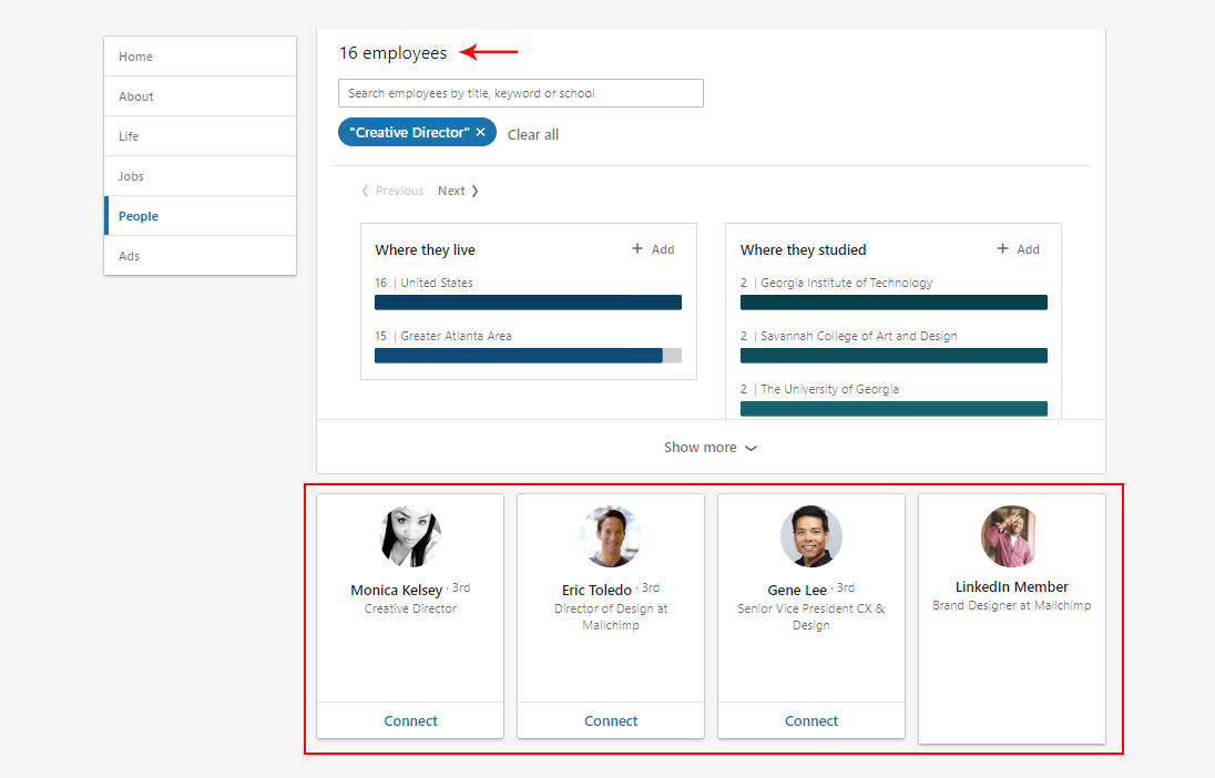 Creative Director search results in MailChimp