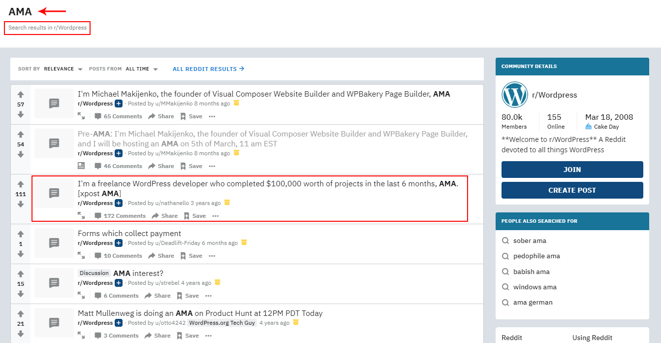AMA search under WordPress on Reddit