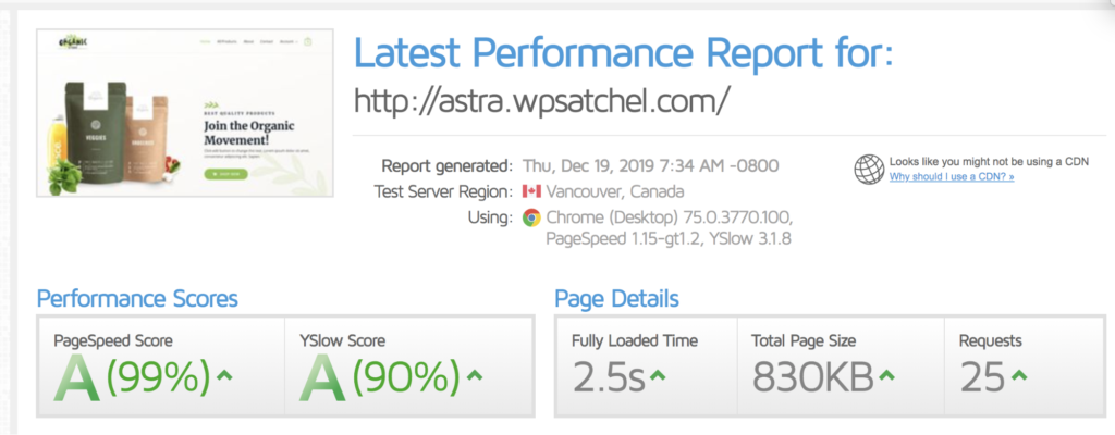 WP Rocket speed test results with 2.5s load time