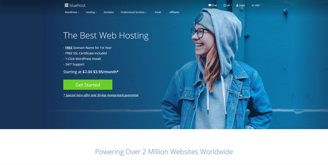 A screenshot of Bluehost's homepage