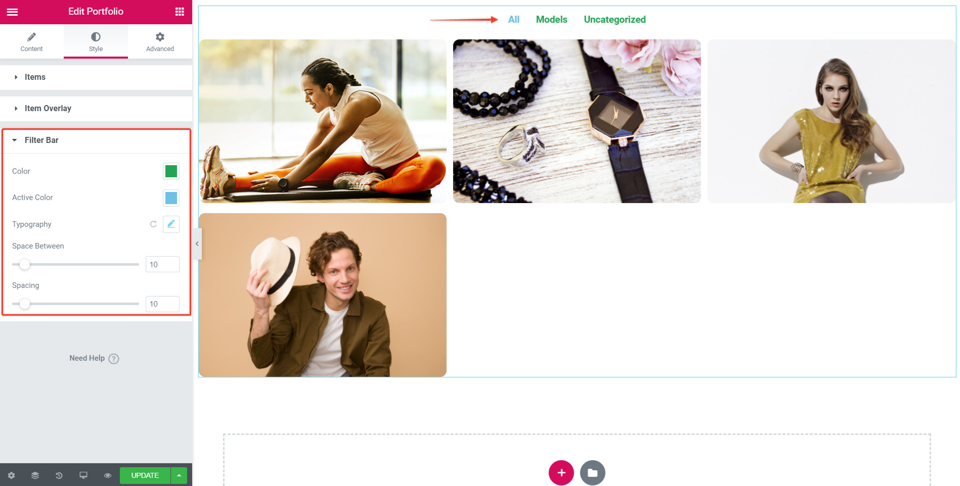 Elementor portfolio filter bar color options