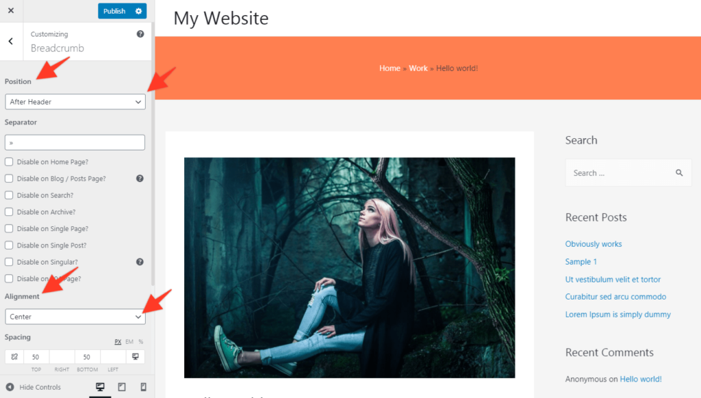 Breadcrumb position Settings Location of breadcrumbs in the theme customizer