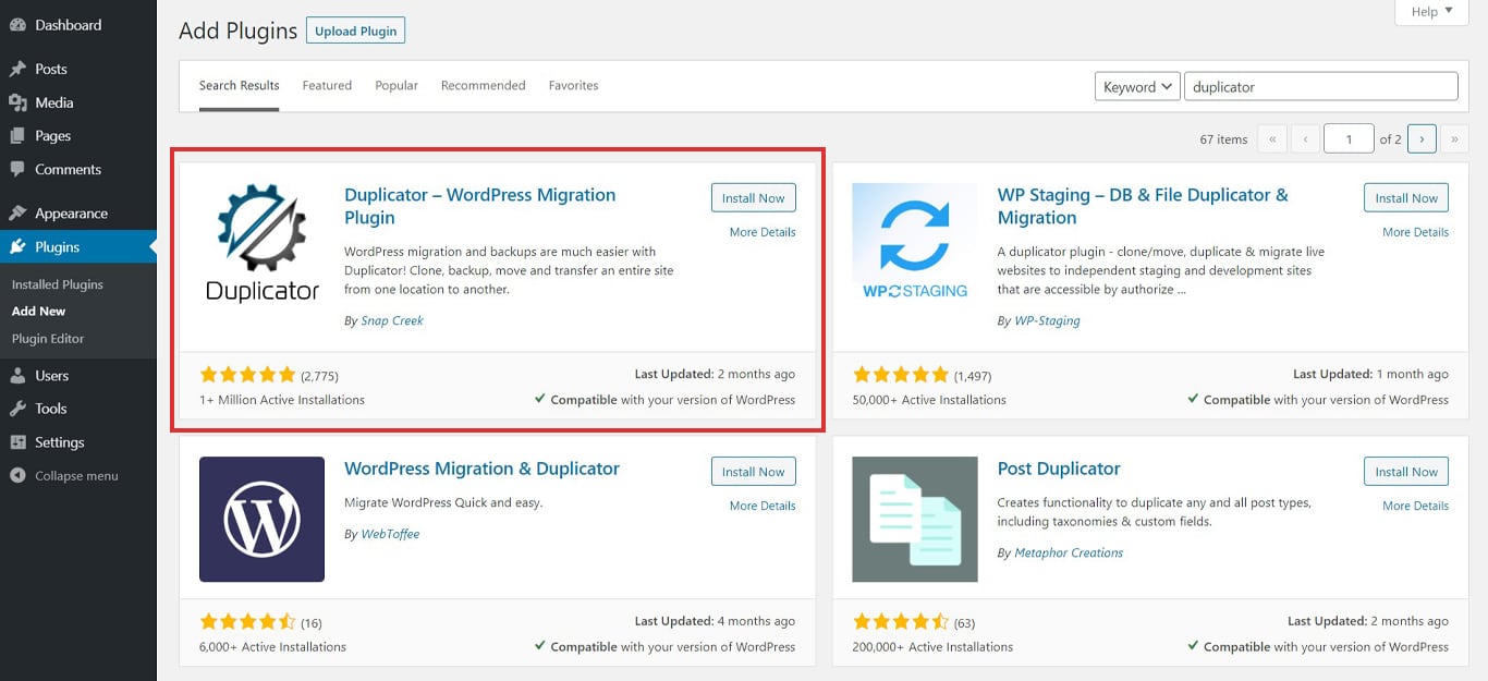 Download duplicator plugin