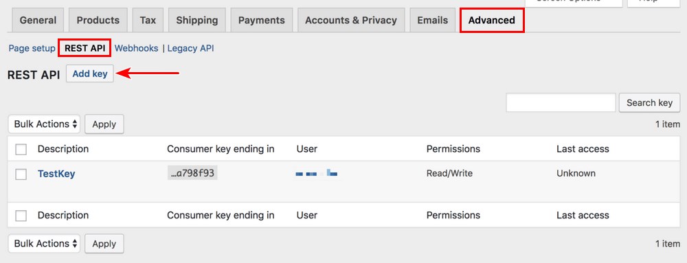 Add key in WooCommerce