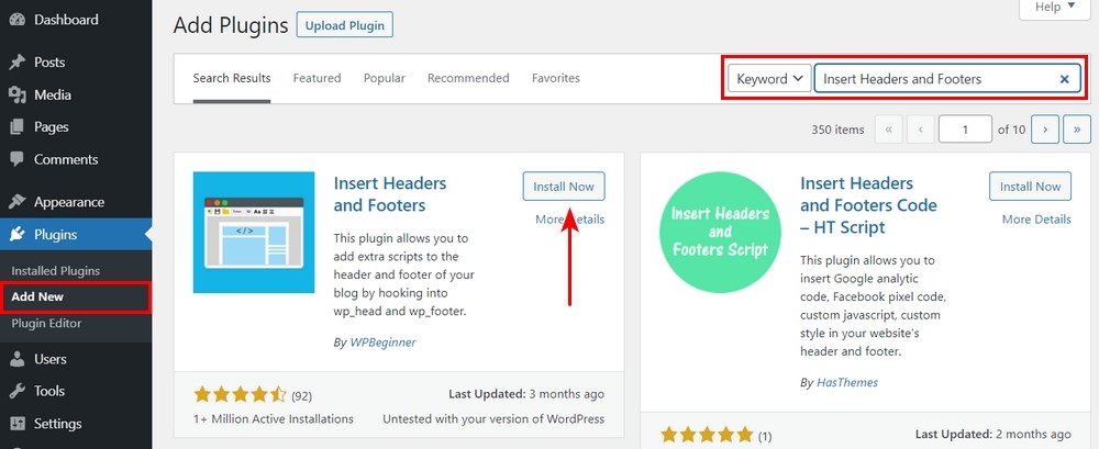 Install insert headers and footers WordPress plugin