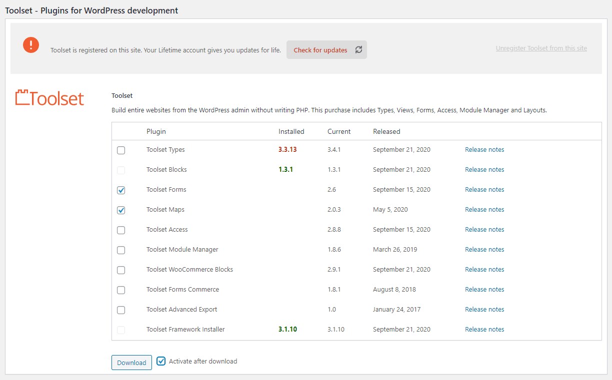 Select the toolset components