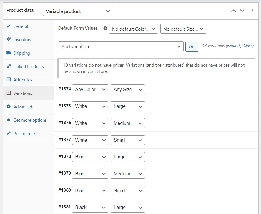Added product variations