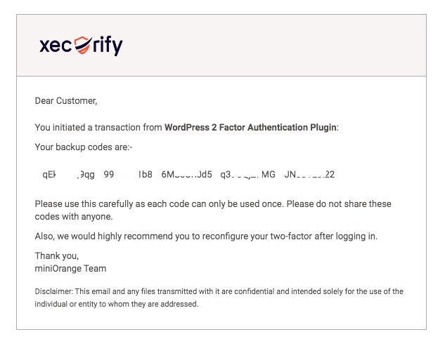 email containing backup codes