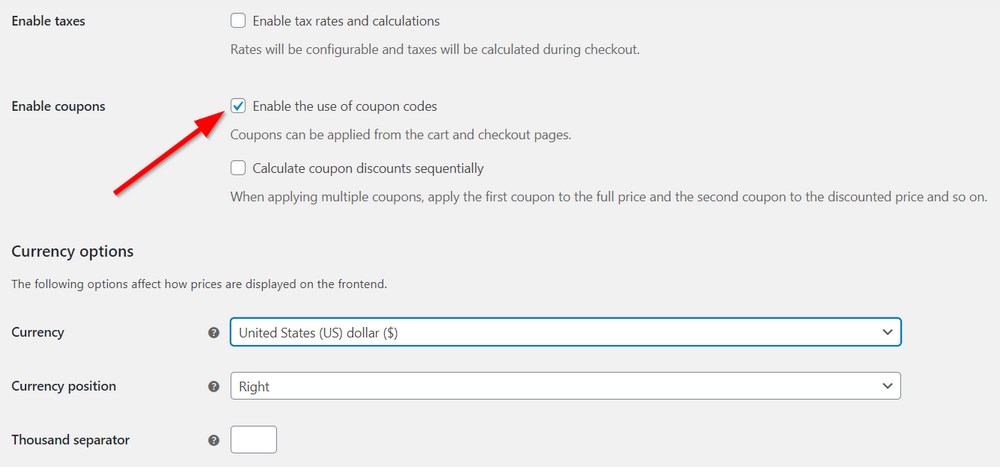 WooCommerce enable coupon codes
