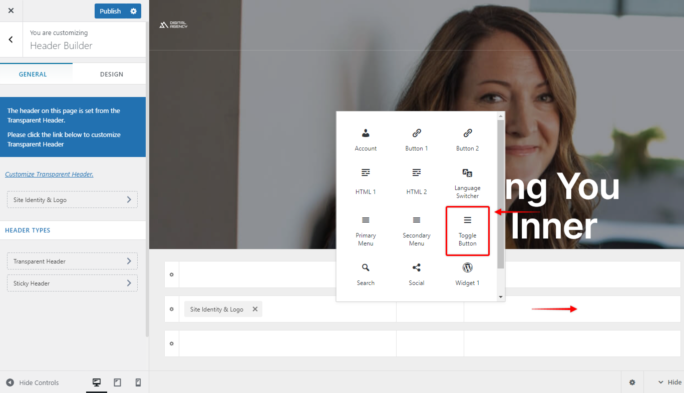 Add Toggle Button in header builder