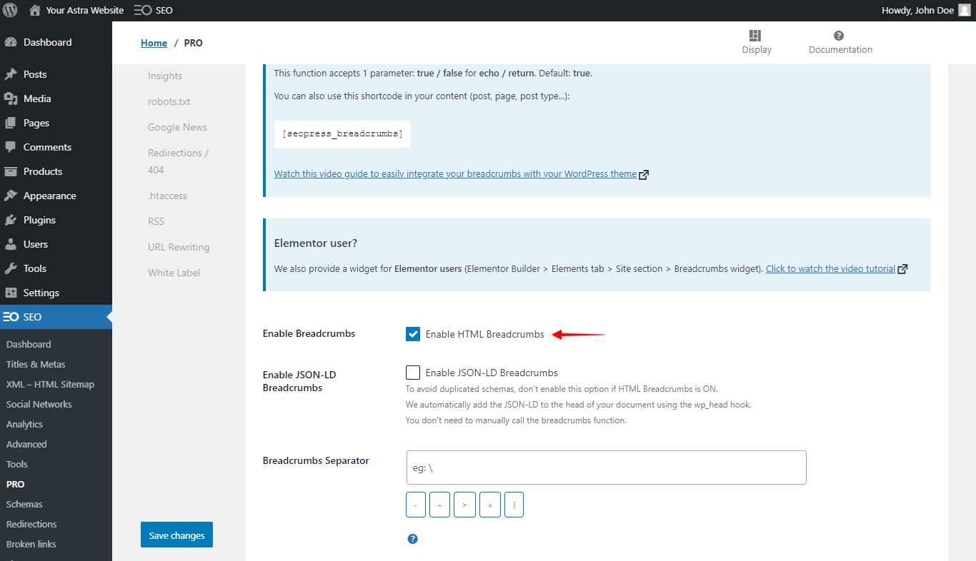 SEOPress - Enable HTML Breadcrumbs