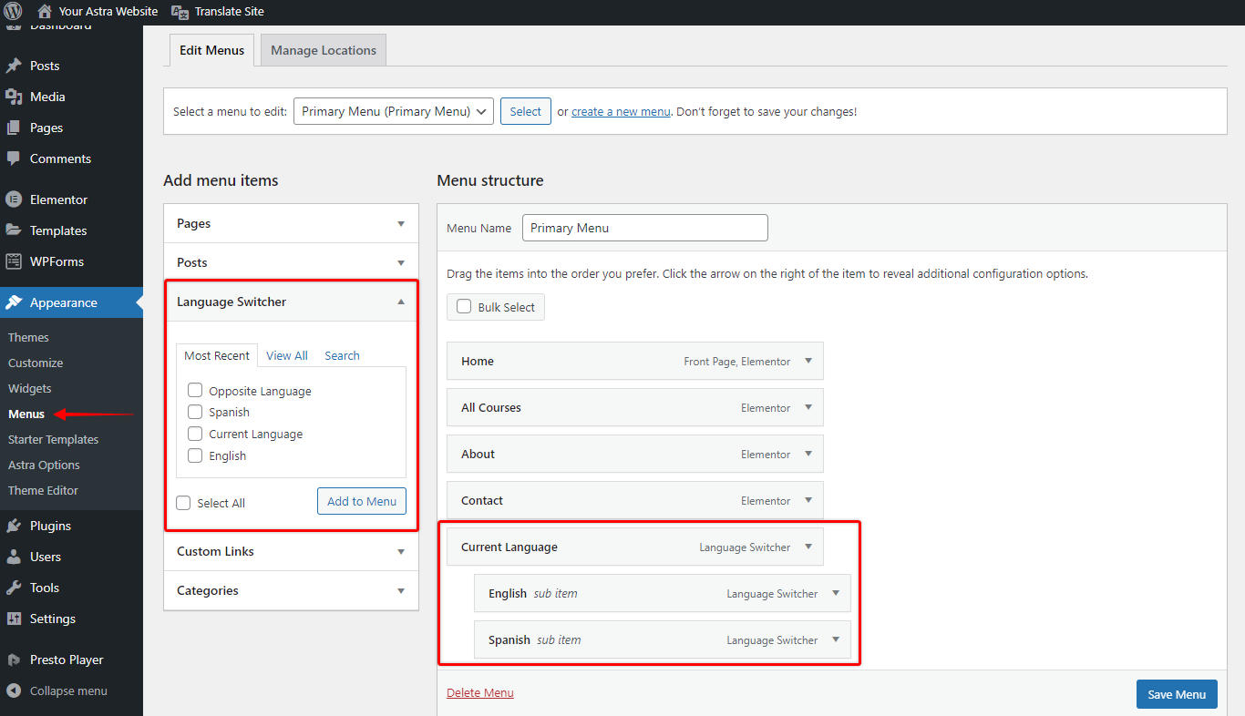 Add TranslatePress Language Switcher to Menu