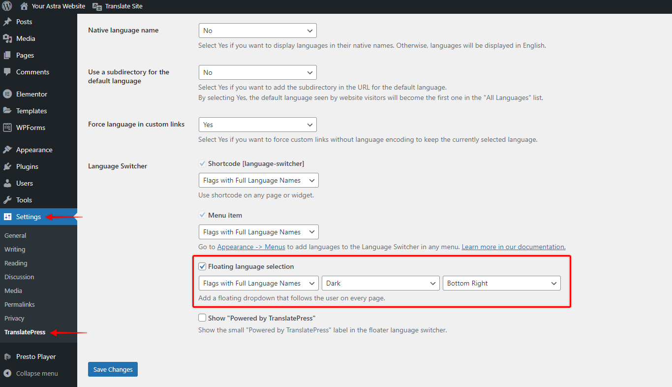 Add TranslatePress Floating Language Switcher