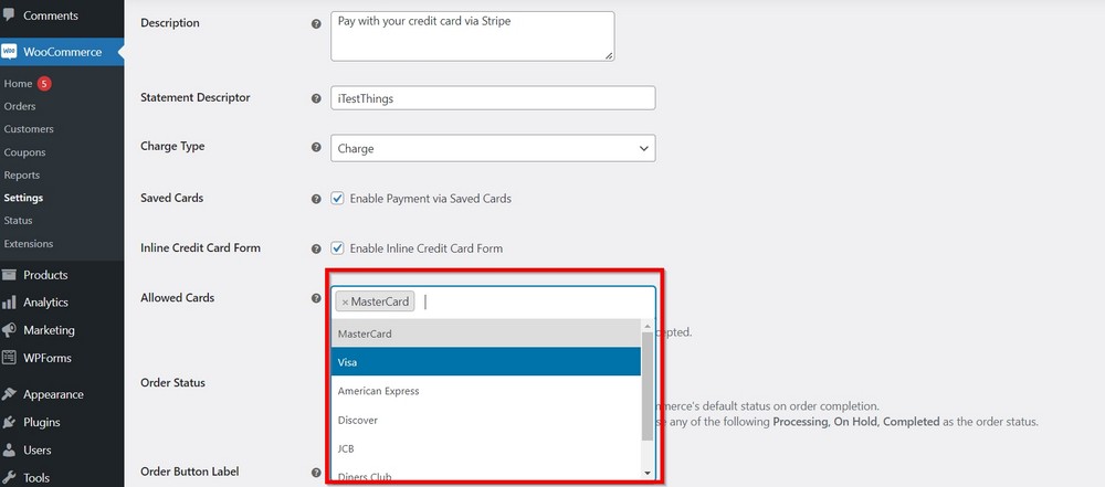 limit credit cards on woocommerce payment page
