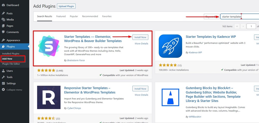 install starter templates plugin to create a travel website