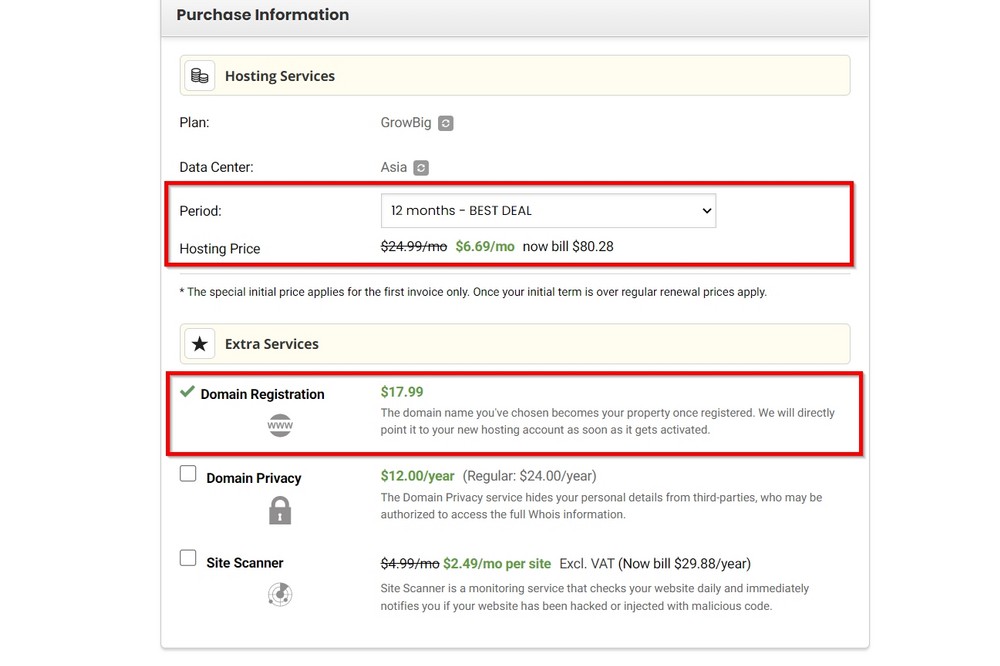 siteground hosting period and extra services