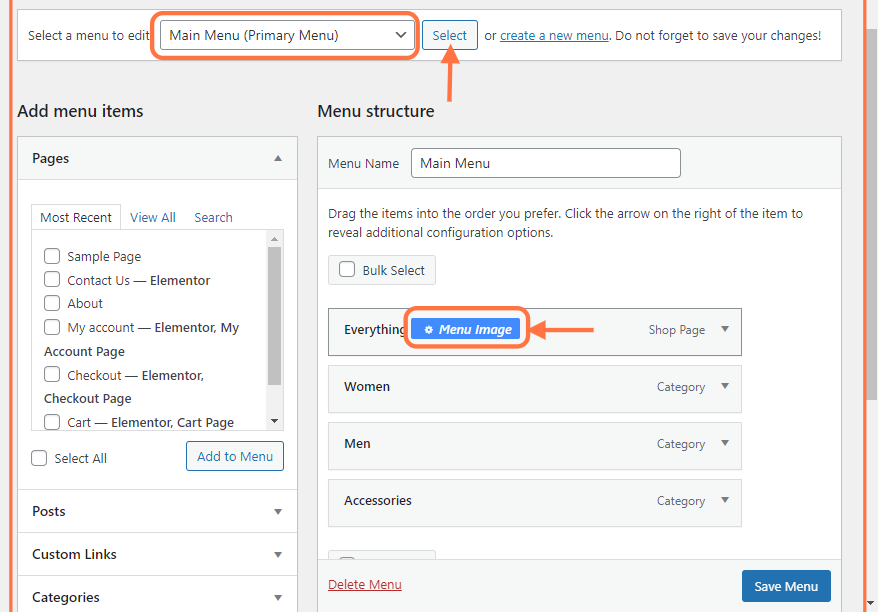 Selecting Menu and adding image