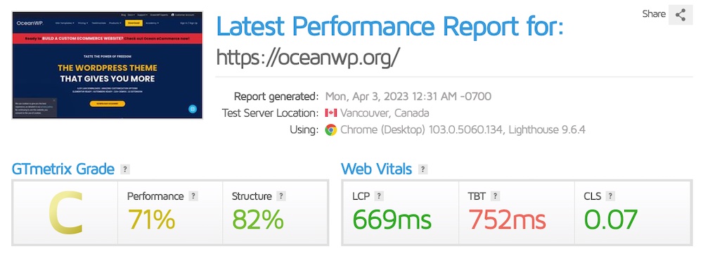 oceanwp gtmetrix score