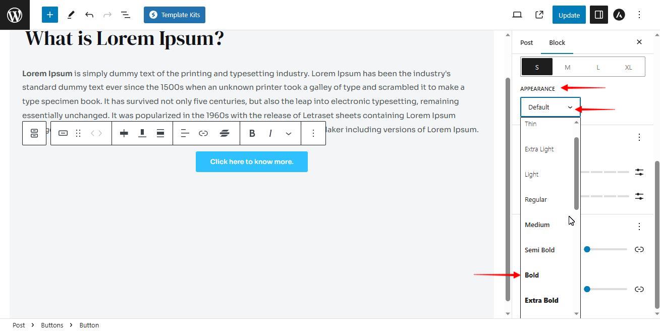 astra button typography appearance