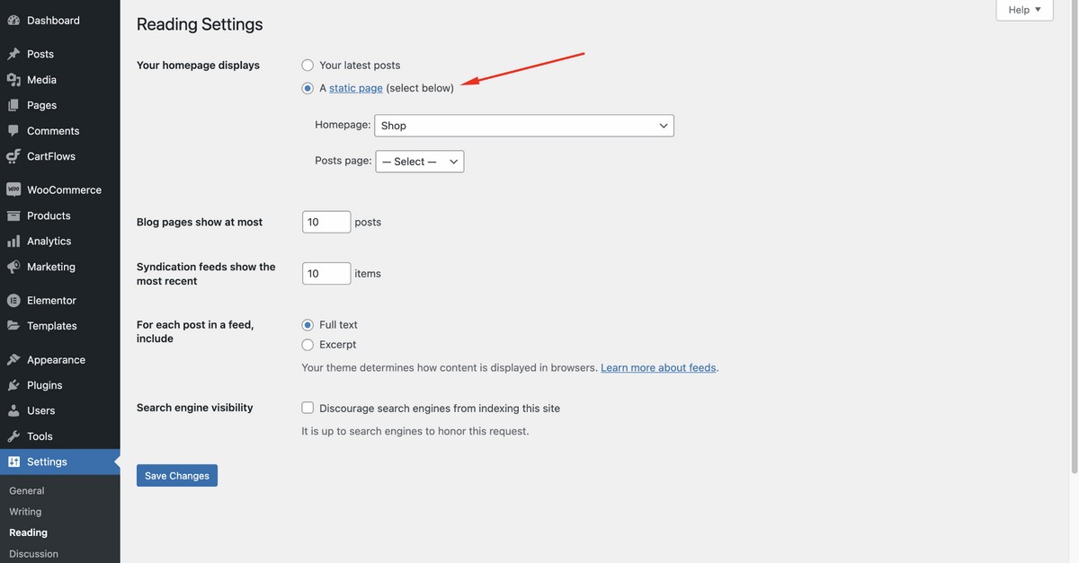 select a static page option