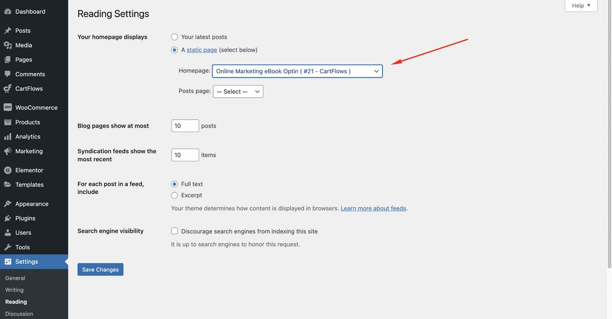 Set the opt-in landing page from the dropdown menu.